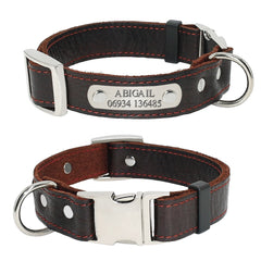 Customized Genuine Leather Dog Collar - Nameplate with Pet's Name and Phone Number