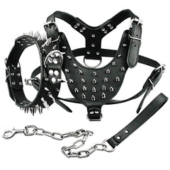 [3 IN 1]  Solid Spiked Studded Leather Dog Collar + Leather Harness + Durable & Comfortable Leash